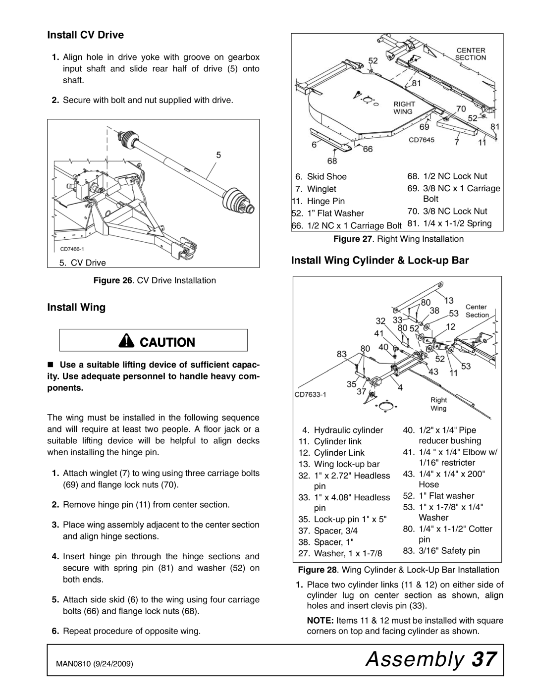 Woods Equipment BW15LH manual Install CV Drive, Install Wing Cylinder & Lock-up Bar 