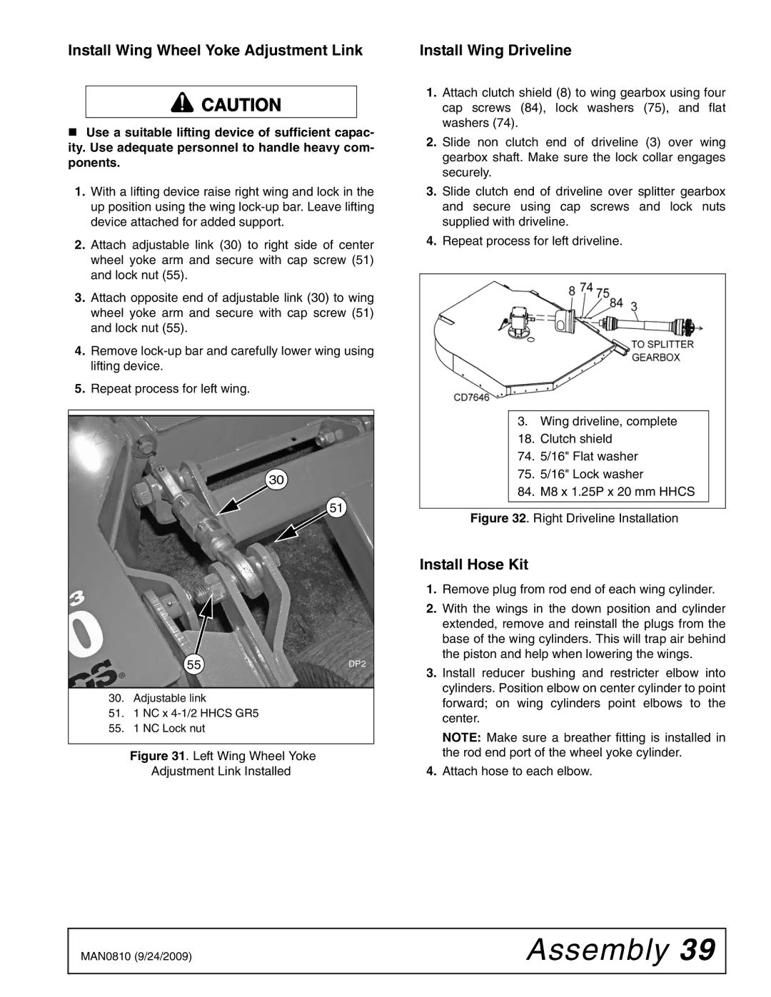 Woods Equipment BW15LH manual Install Wing Wheel Yoke Adjustment Link, Install Wing Driveline, Install Hose Kit 