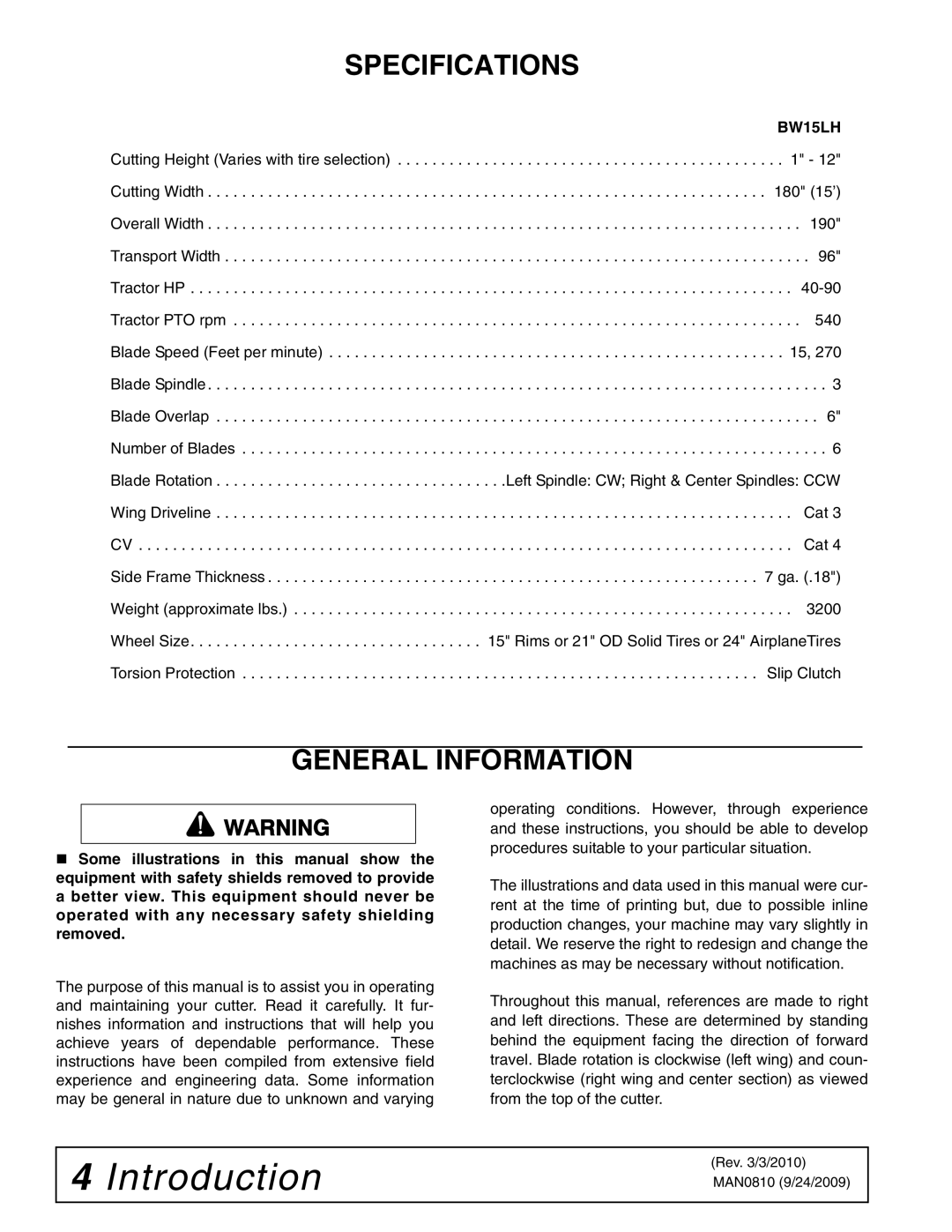 Woods Equipment BW15LH manual Specifications, General Information 