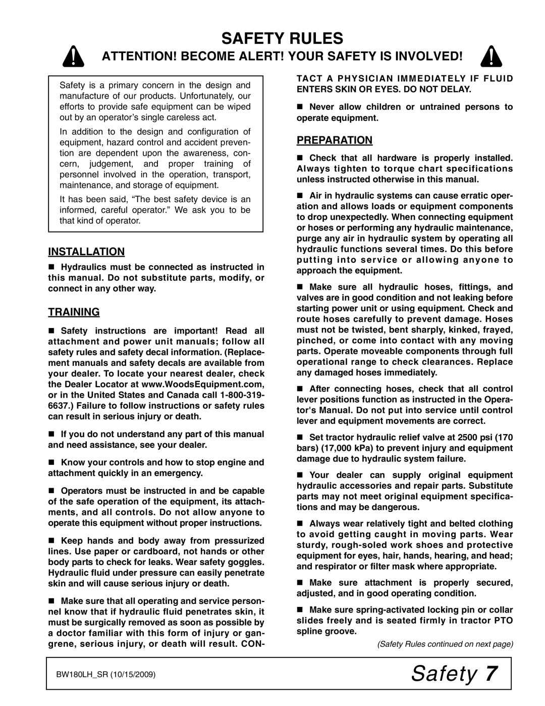 Woods Equipment BW15LH manual Safety Rules, Installation, Training, Preparation 