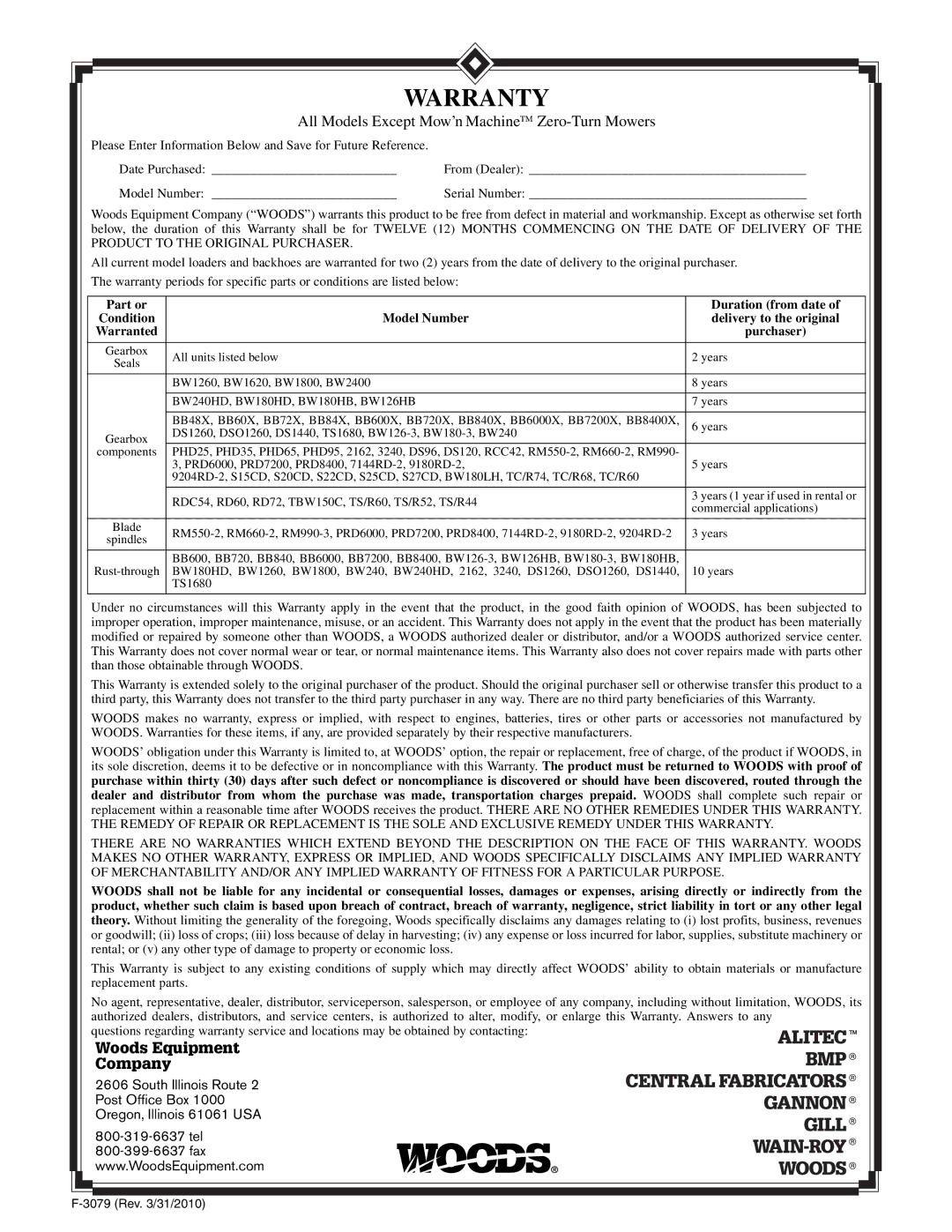 Woods Equipment BW15LH manual Warranty 