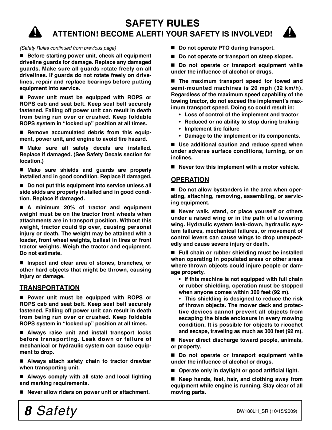 Woods Equipment BW15LH manual Transportation, Operation 