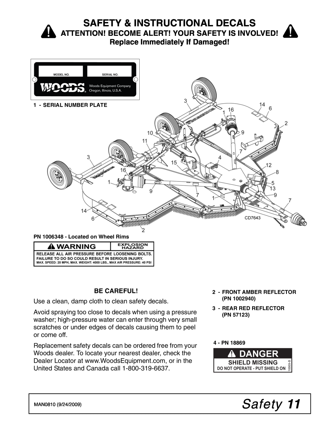 Woods Equipment BW15LH manual Safety & Instructional Decals, Danger, Attention! Become Alert! Your Safety Is Involved 