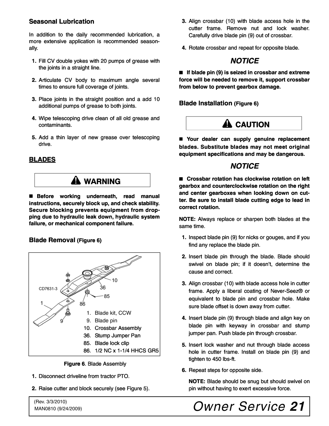Woods Equipment BW15LH manual Owner Service, Notice, Seasonal Lubrication, Blades, Blade Installation Figure 
