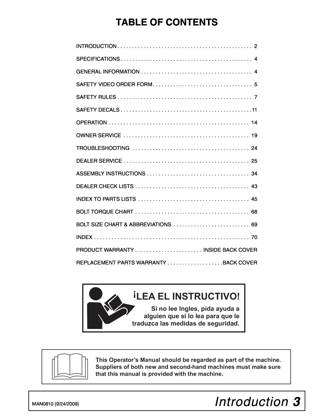 Woods Equipment BW15LH manual Introduction, Table Of Contents, Lea El Instructivo 