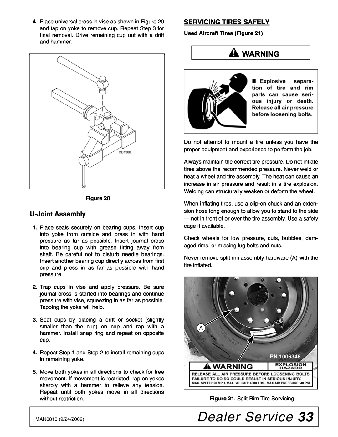 Woods Equipment BW15LH manual Dealer Service, U-JointAssembly, Servicing Tires Safely 