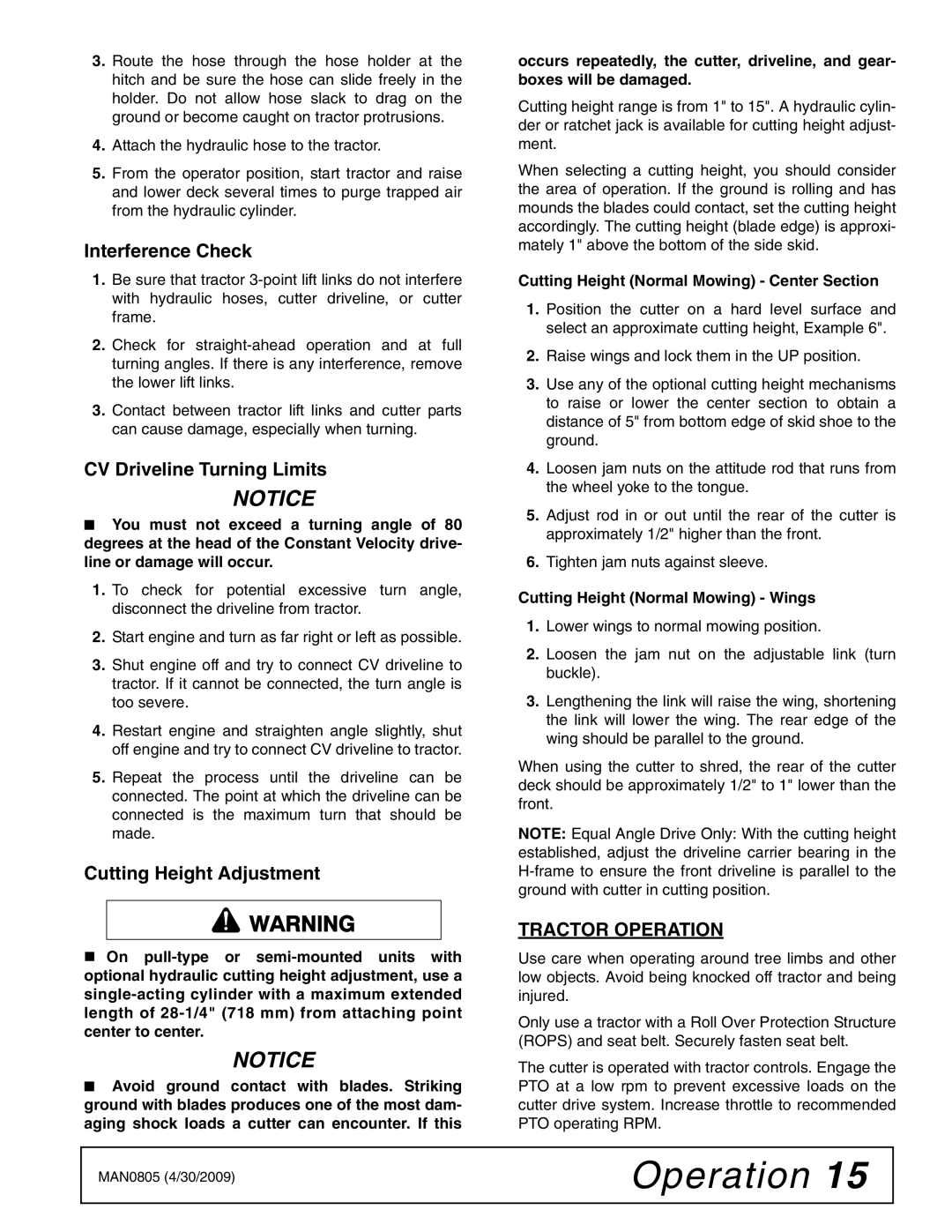 Woods Equipment BW180HB Interference Check, CV Driveline Turning Limits, Cutting Height Adjustment, Tractor Operation 