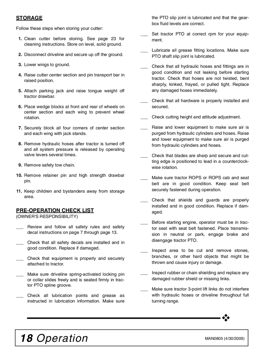 Woods Equipment BW180HB, BW180HDQ manual PRE-OPERATION Check List, Owners Responsibility 