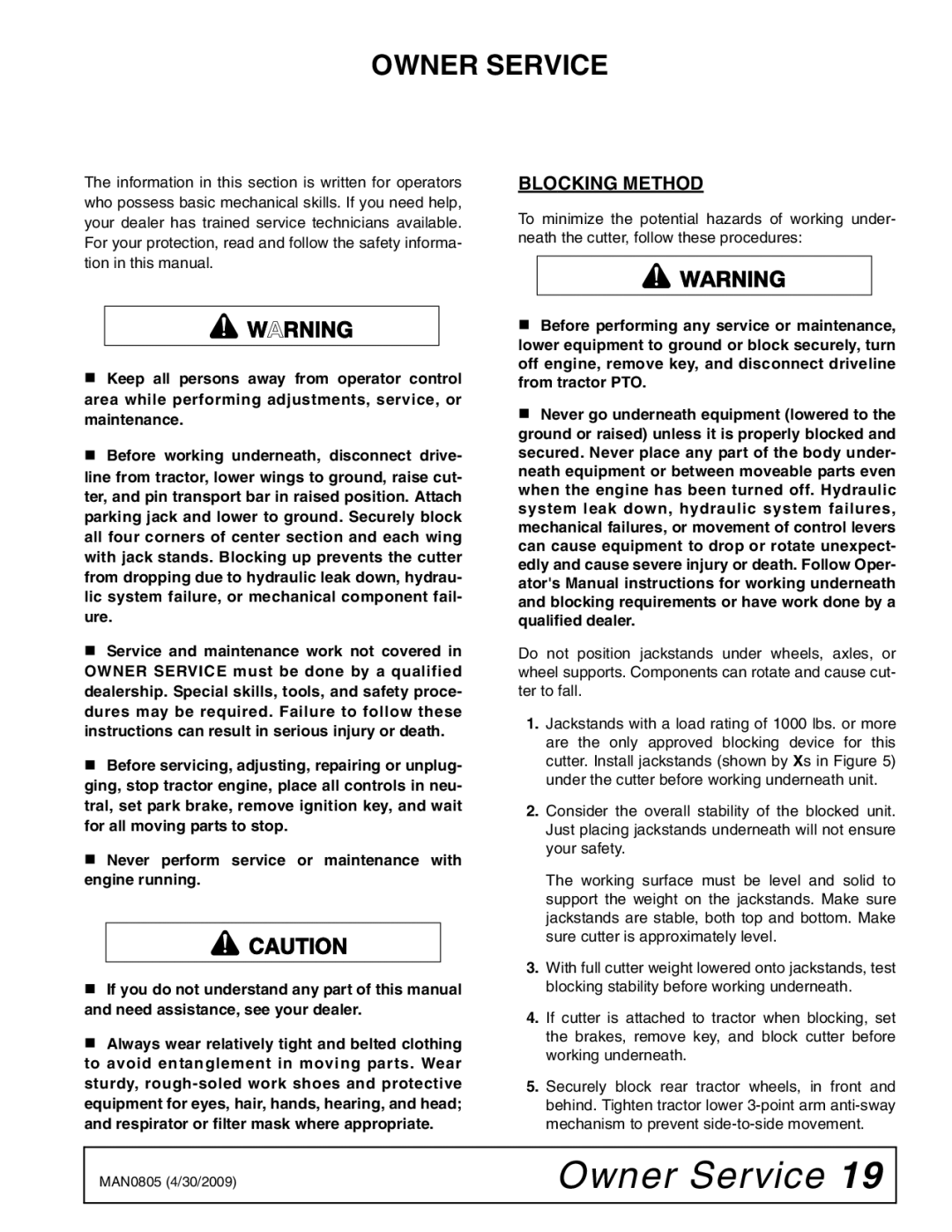 Woods Equipment BW180HB, BW180HDQ manual Owner Service, Blocking Method 