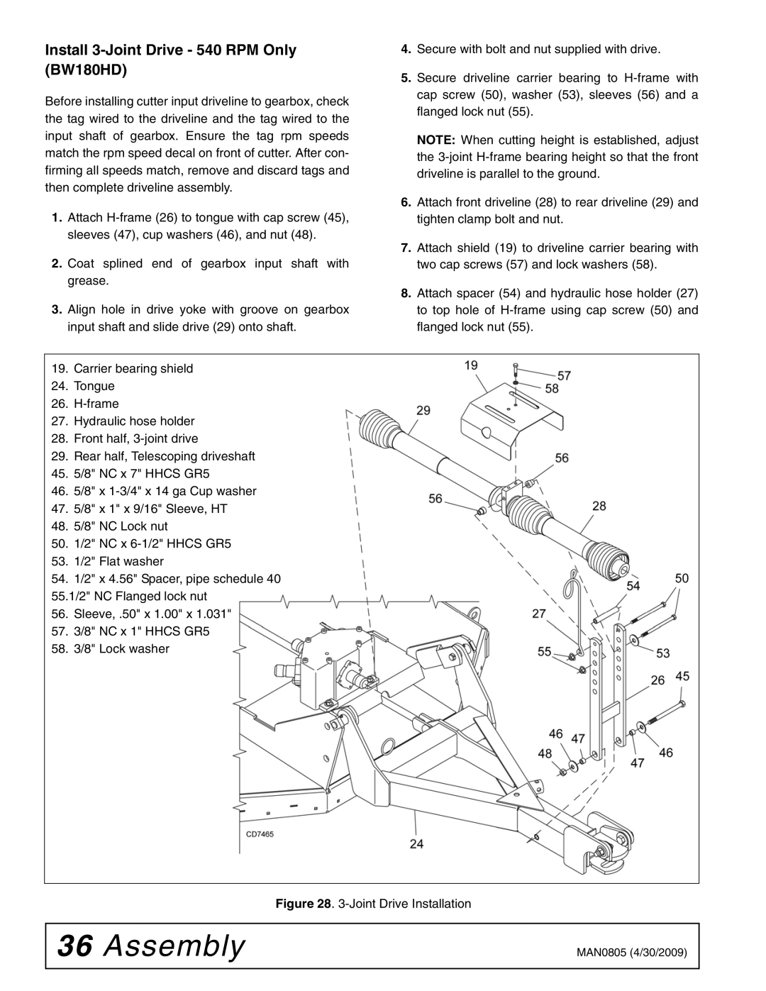 Woods Equipment BW180HB, BW180HDQ manual Install 3-Joint Drive 540 RPM Only BW180HD, Joint Drive Installation 