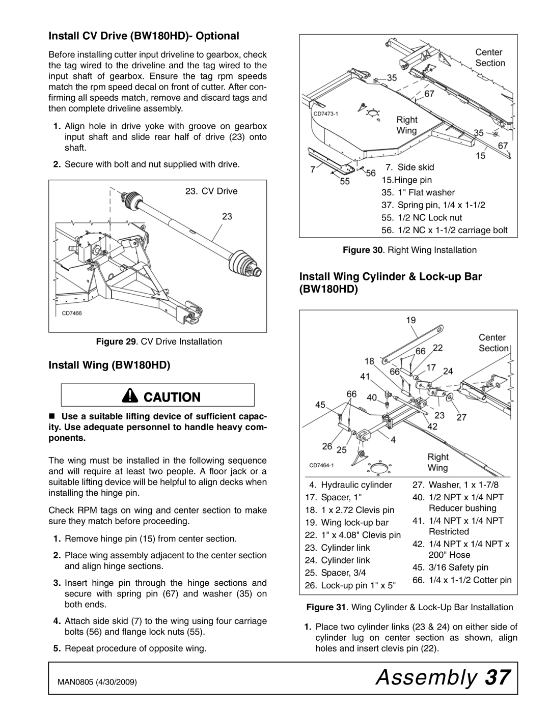 Woods Equipment Install CV Drive BW180HD- Optional, Install Wing BW180HD, Install Wing Cylinder & Lock-up Bar BW180HD 