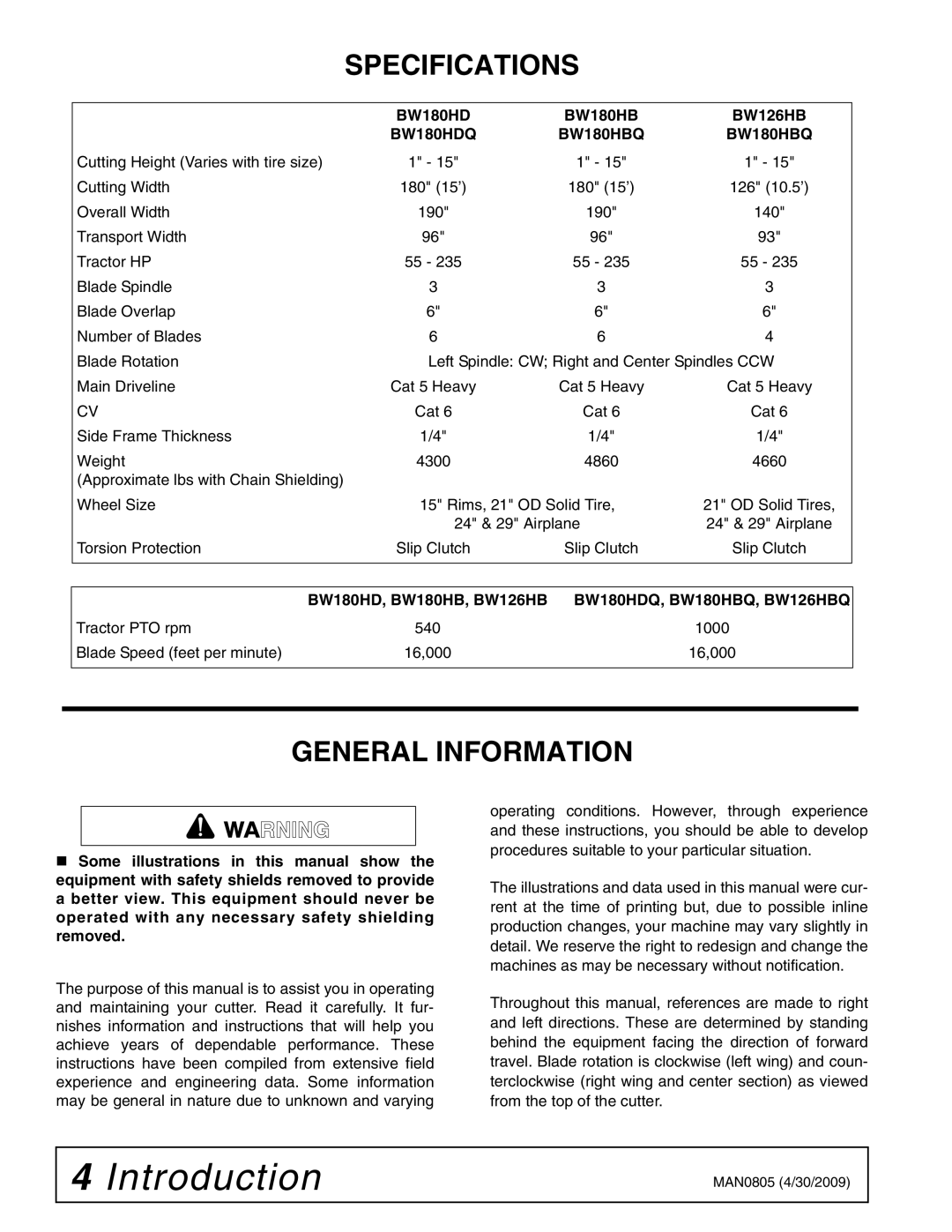 Woods Equipment BW180HB, BW180HDQ manual Specifications, General Information 