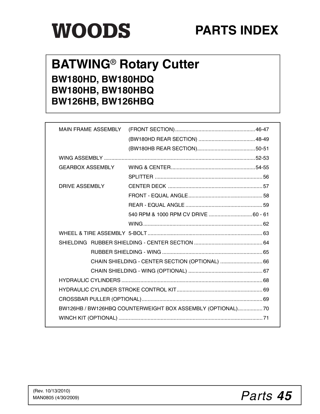 Woods Equipment manual Parts, BW180HD, BW180HDQ BW180HB, BW180HBQ BW126HB, BW126HBQ 