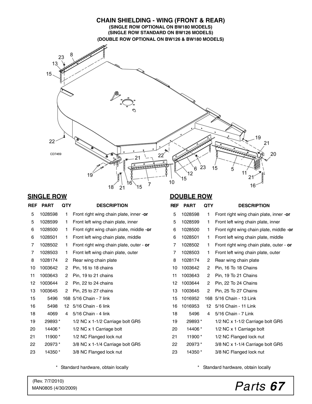 Woods Equipment BW180HB, BW180HDQ manual Chain Shielding Wing Front & Rear, Single ROW 