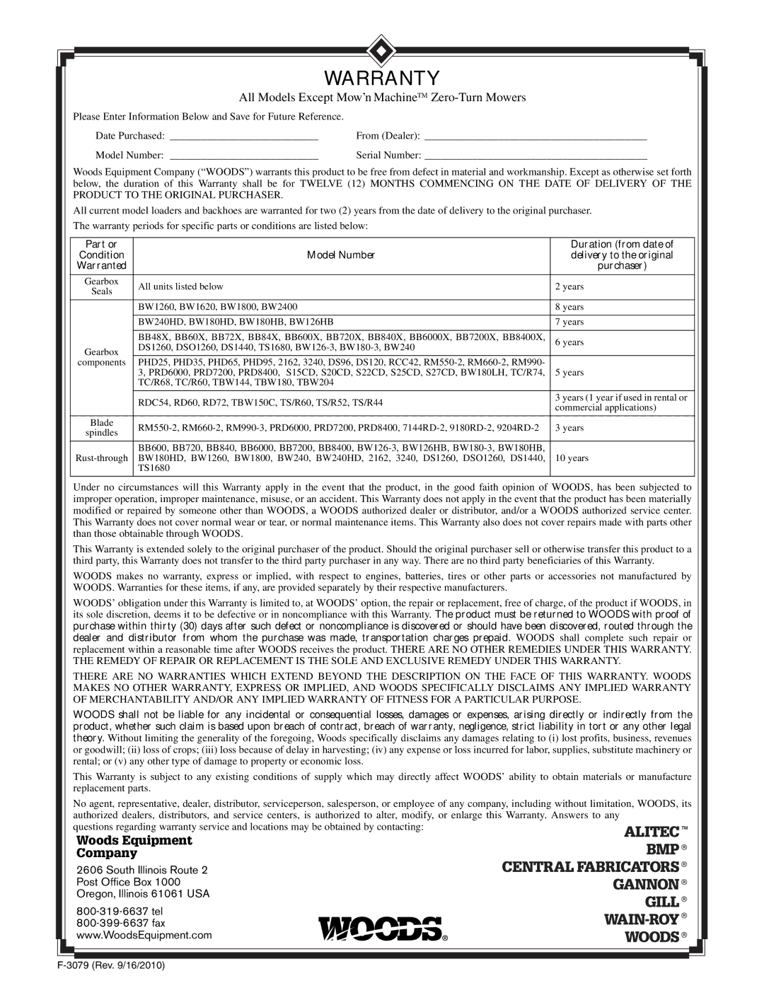 Woods Equipment BW180HB, BW180HDQ manual Warranty 