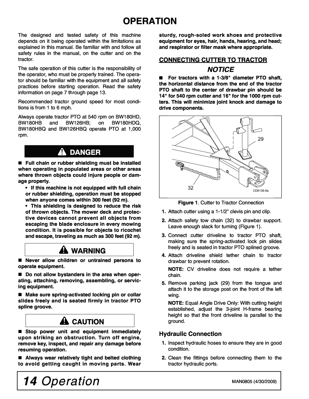 Woods Equipment BW180HDQ, BW180HB manual Operation, Notice, Connecting Cutter To Tractor, Hydraulic Connection 