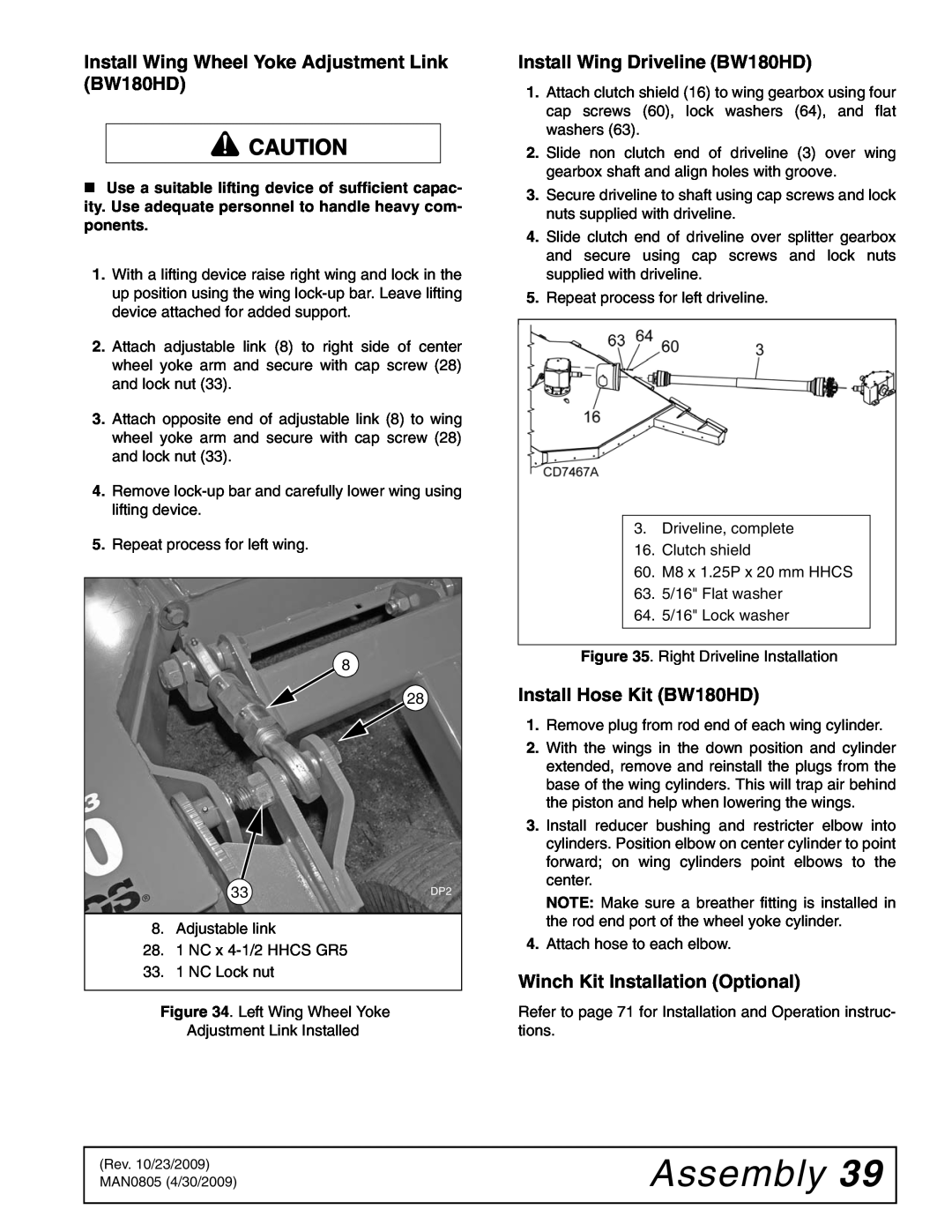 Woods Equipment BW180HB manual Assembly, Install Wing Wheel Yoke Adjustment Link BW180HD, Install Wing Driveline BW180HD 