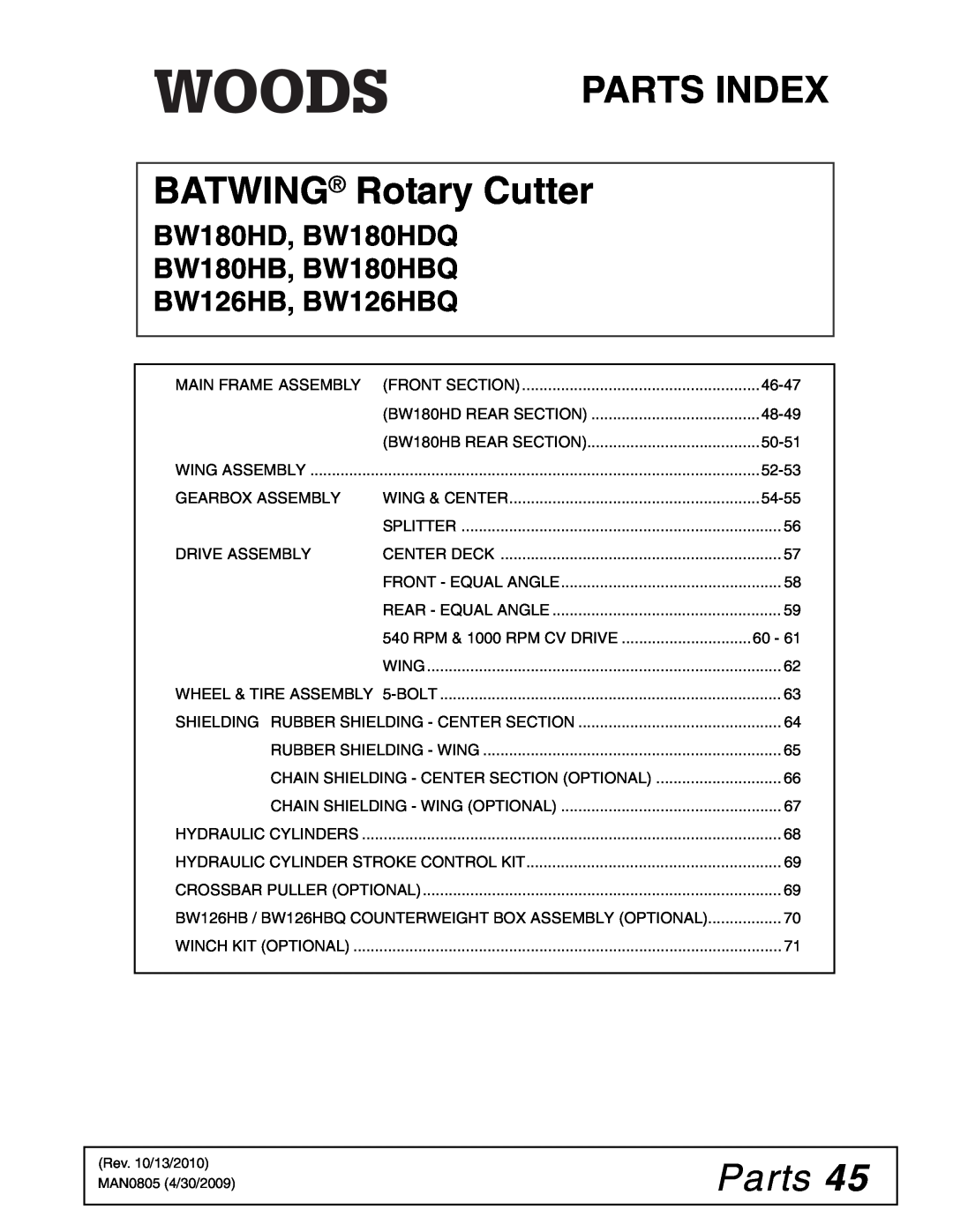 Woods Equipment manual Parts, BW180HD, BW180HDQ BW180HB, BW180HBQ, BW126HB, BW126HBQ, PARTS INDEX BATWING Rotary Cutter 
