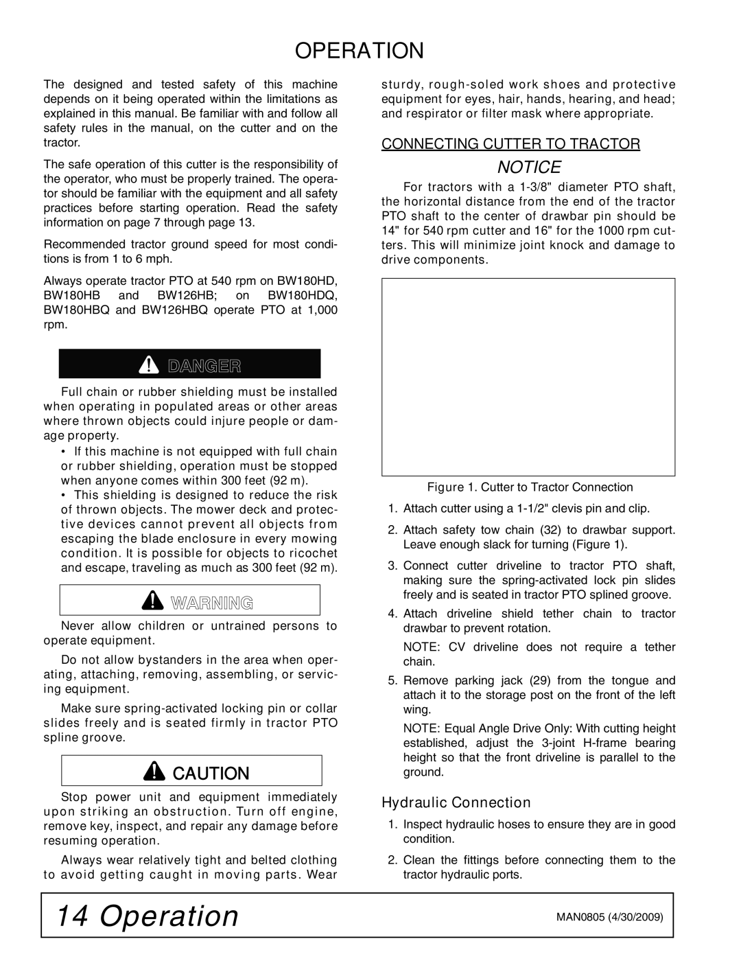 Woods Equipment BW126HBQ, BW180HBQ manual Operation, Connecting Cutter to Tractor, Hydraulic Connection 