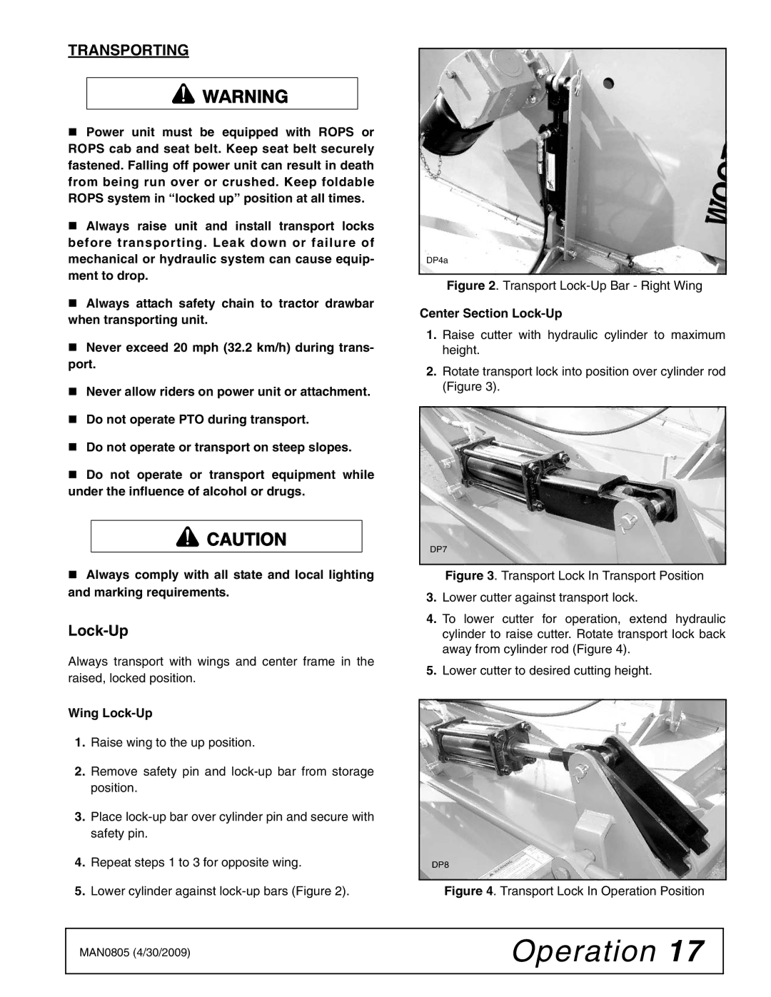 Woods Equipment BW126HBQ, BW180HBQ manual Transporting, Wing Lock-Up, Center Section Lock-Up 