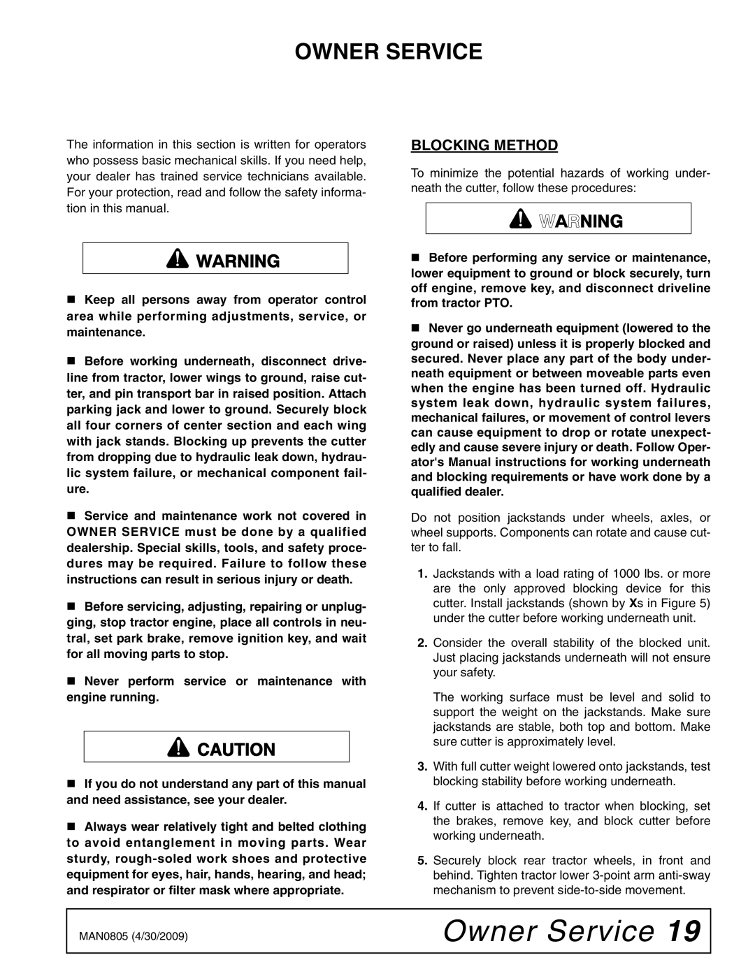 Woods Equipment BW180HBQ, BW126HBQ manual Owner Service, Blocking Method 