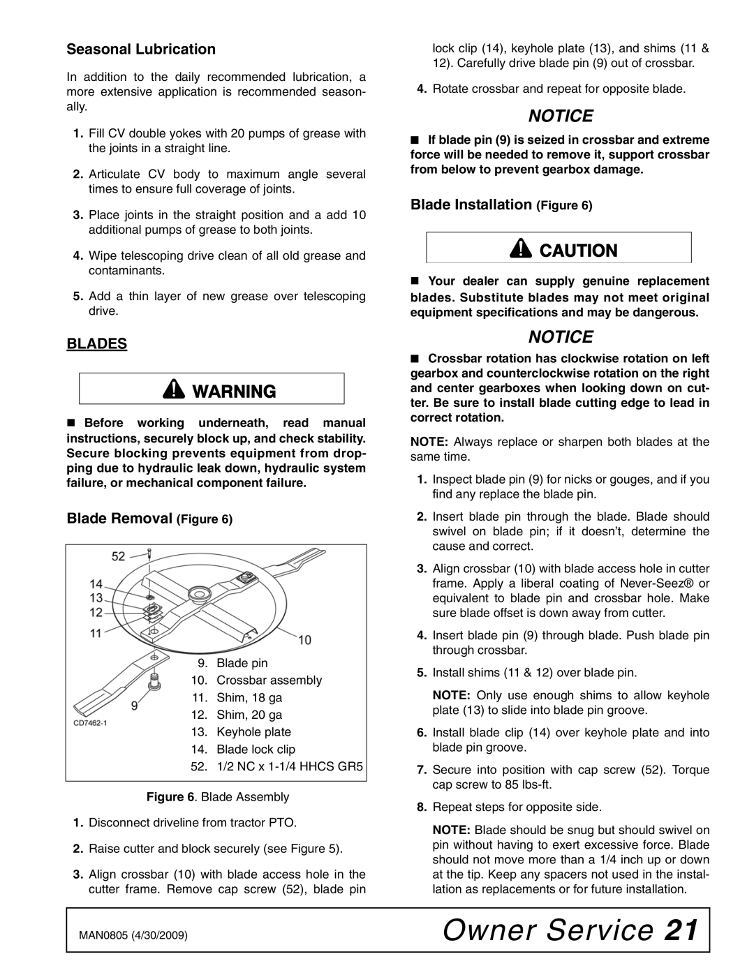 Woods Equipment BW180HBQ, BW126HBQ manual Seasonal Lubrication, Blades, Blade Removal Figure, Blade Installation Figure 