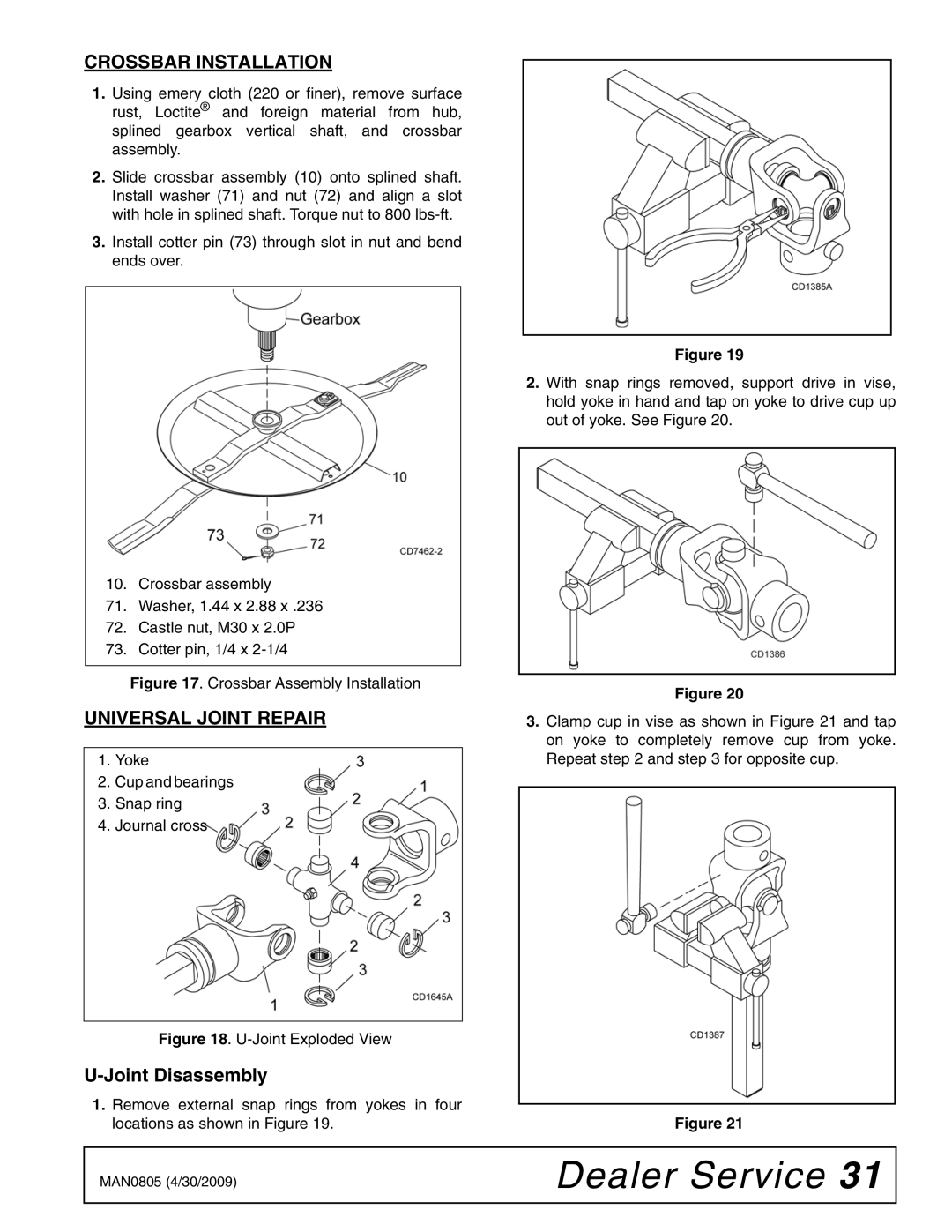 Woods Equipment BW180HBQ, BW126HBQ manual Crossbar Installation, Universal Joint Repair, Joint Disassembly 