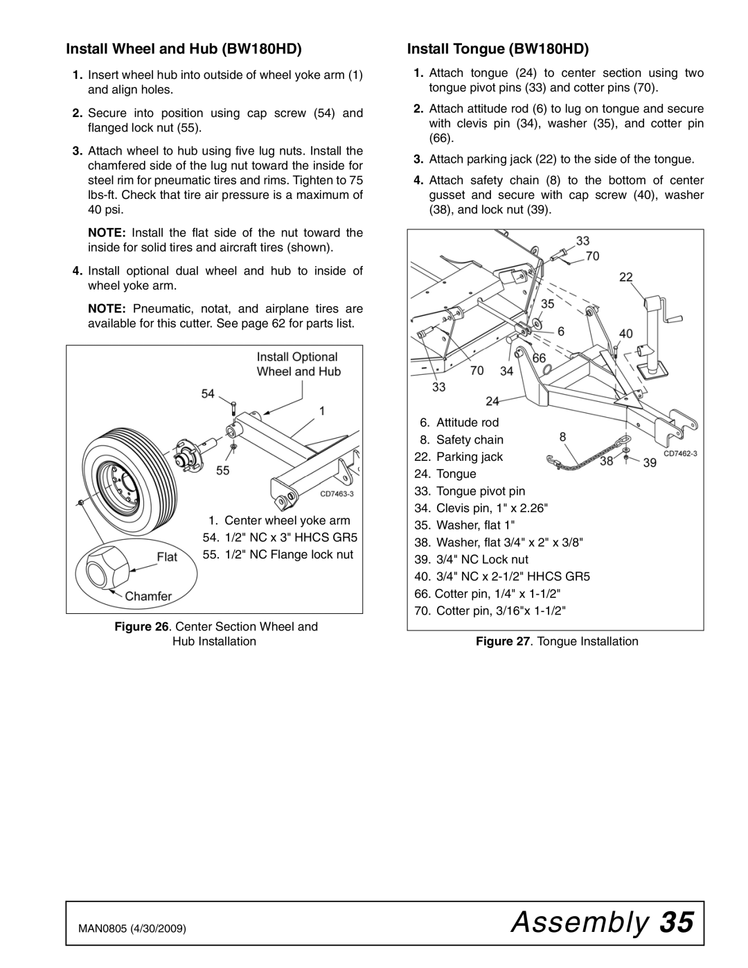 Woods Equipment BW126HBQ, BW180HBQ manual Install Wheel and Hub BW180HD, Install Tongue BW180HD 