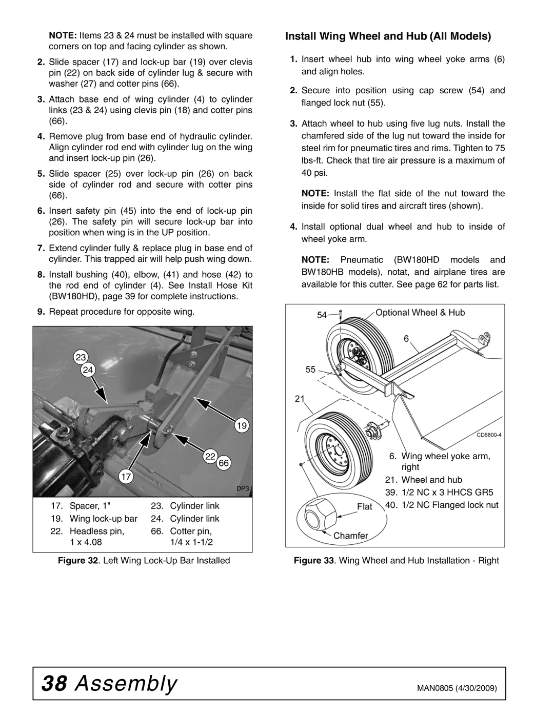 Woods Equipment BW126HBQ, BW180HBQ manual Install Wing Wheel and Hub All Models, Left Wing Lock-Up Bar Installed 