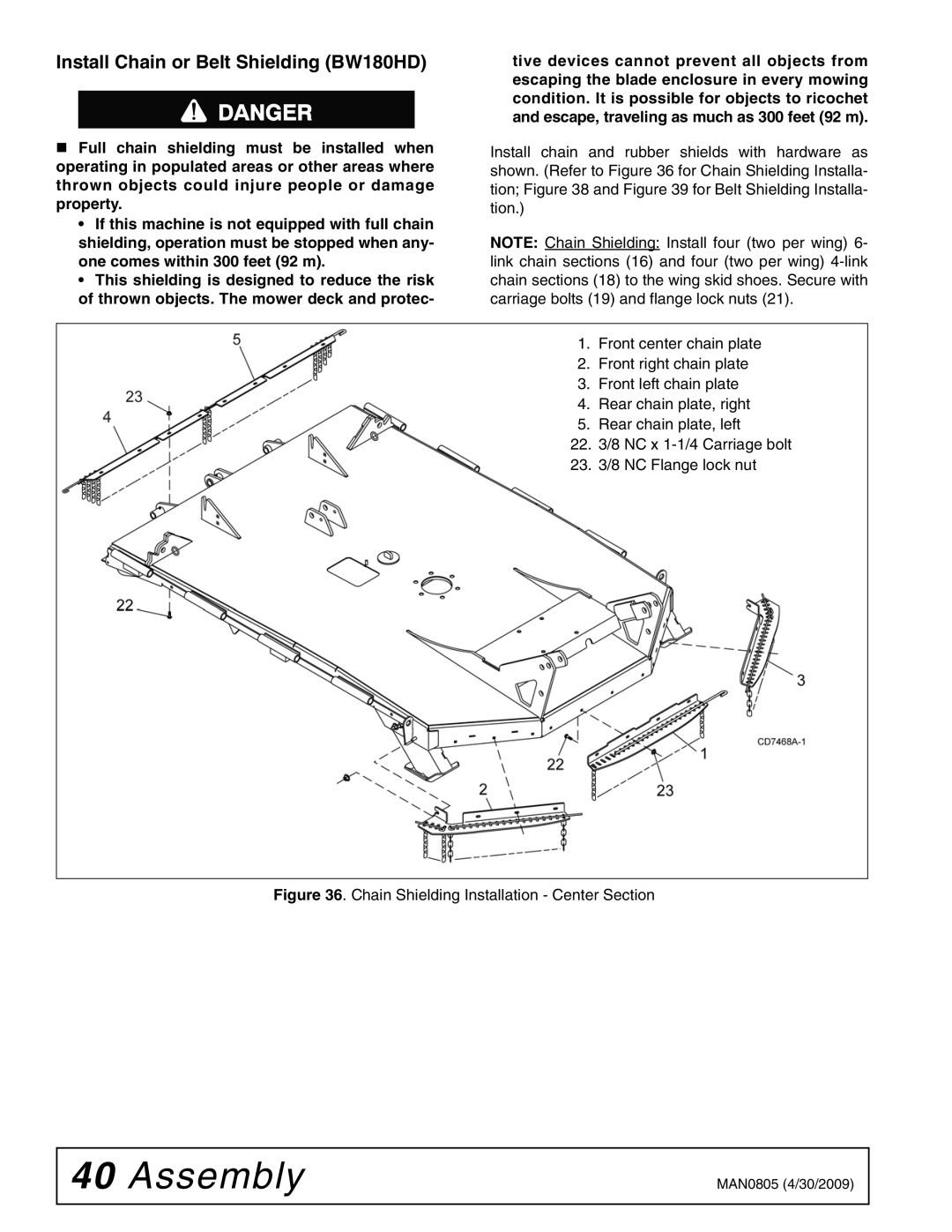 Woods Equipment BW126HB, BW180HBQ Install Chain or Belt Shielding BW180HD, Chain Shielding Installation Center Section 