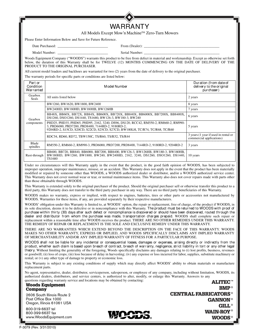 Woods Equipment BW126HBQ, BW180HBQ manual Warranty 