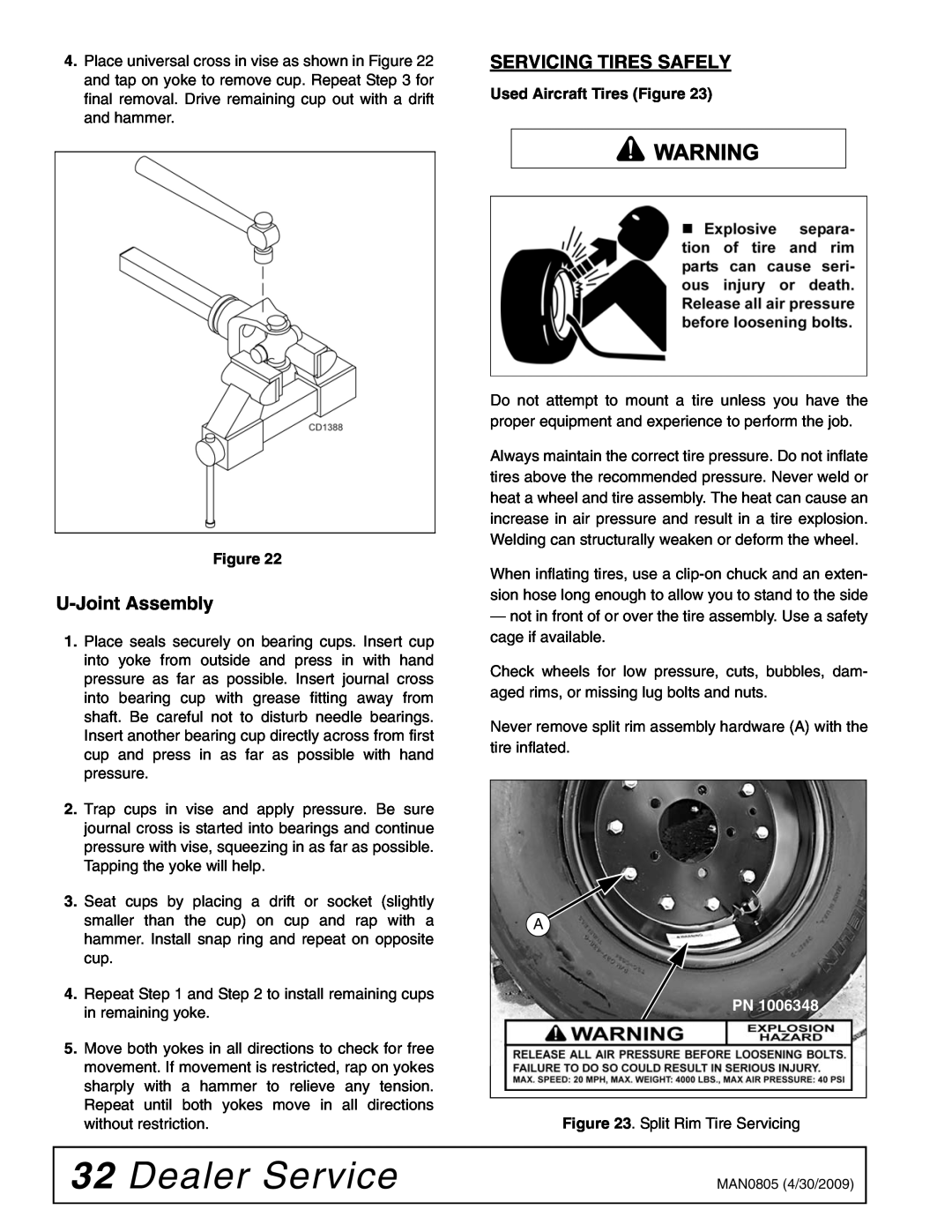 Woods Equipment BW126HBQ, BW180HBQ manual Dealer Service, U-Joint Assembly, Servicing Tires Safely 