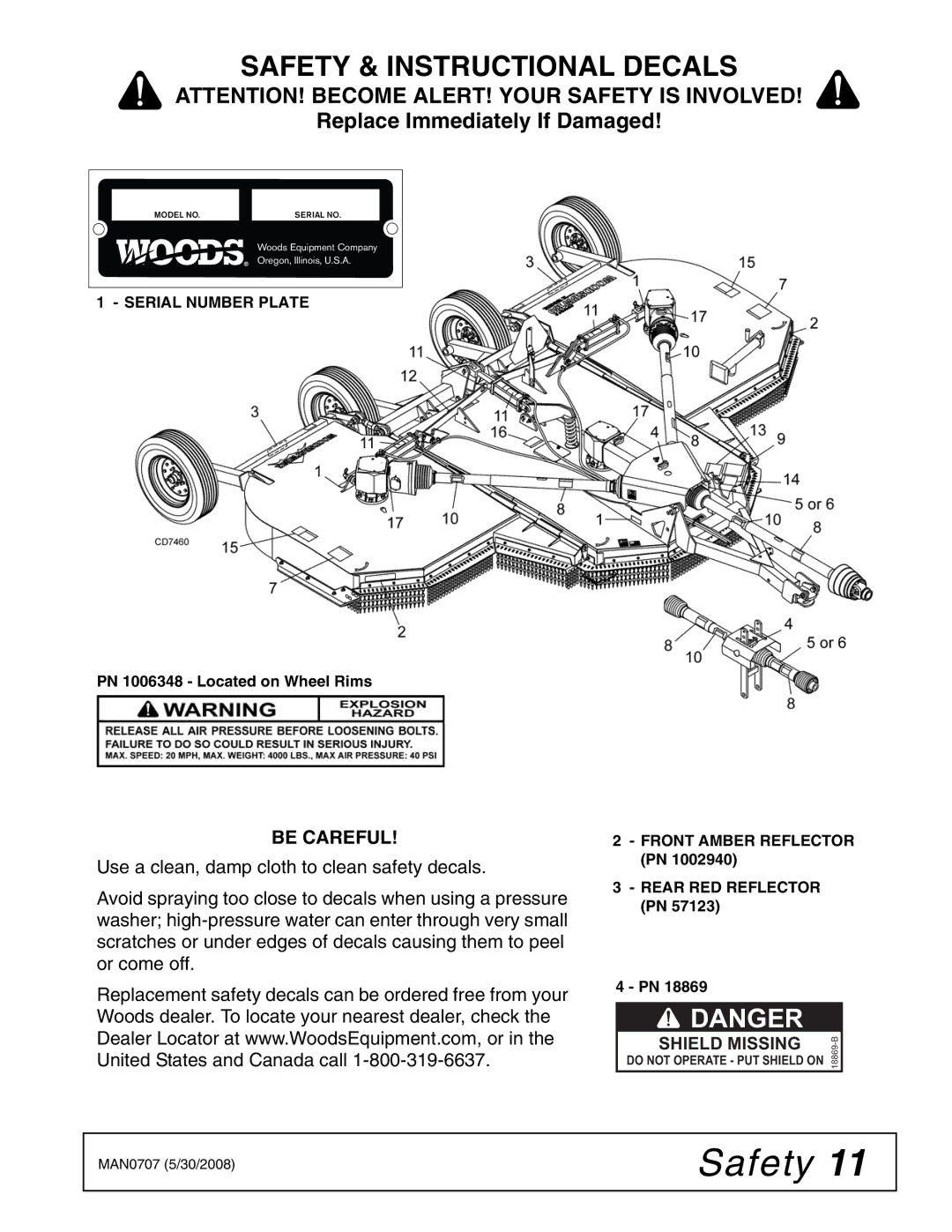 Woods Equipment BW180-3, BW180Q-3, BW126-3 manual Safety & Instructional Decals, Be Careful, PN 1006348 Located on Wheel Rims 