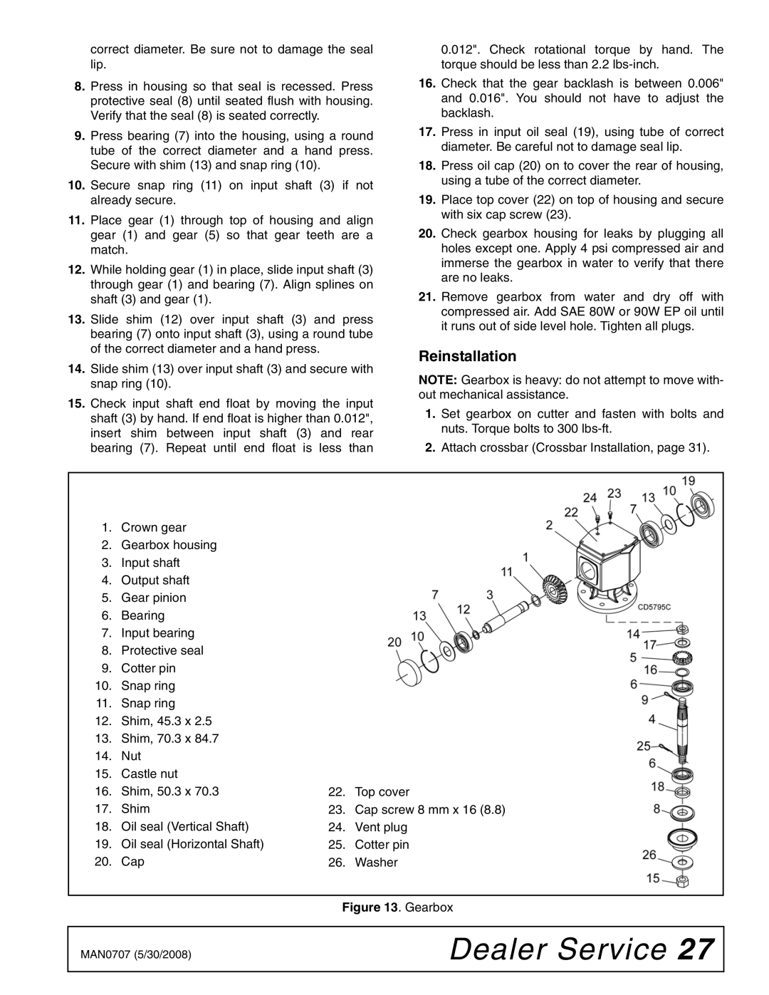 Woods Equipment BW180-3, BW180Q-3, BW126-3, BW126Q-3 manual Reinstallation, Gearbox 