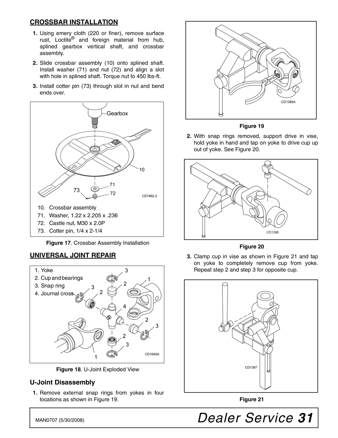 Woods Equipment BW180-3, BW180Q-3, BW126-3, BW126Q-3 manual Crossbar Installation, Universal Joint Repair, Joint Disassembly 