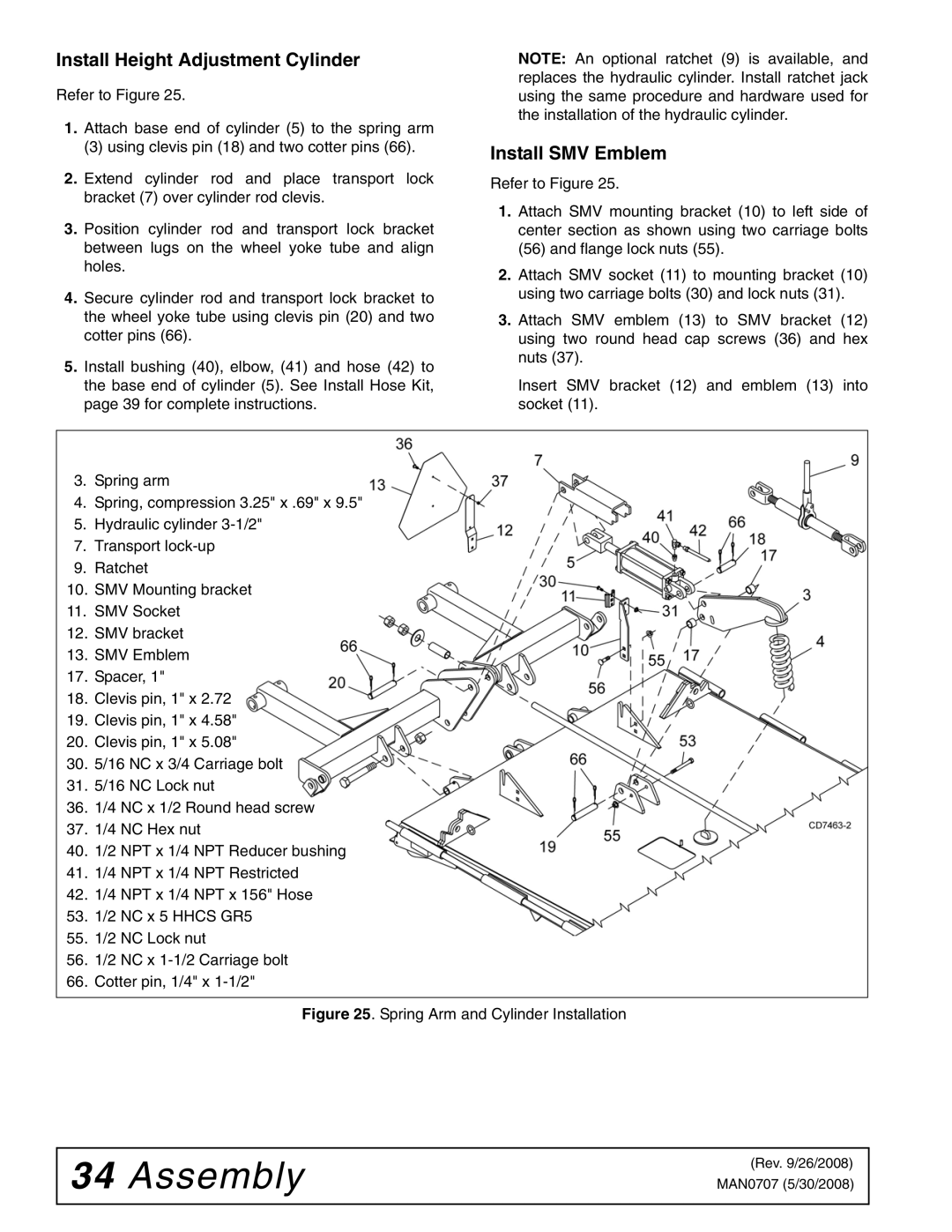 Woods Equipment BW126Q-3, BW180Q-3, BW126-3, BW180-3 manual Install Height Adjustment Cylinder, Install SMV Emblem 