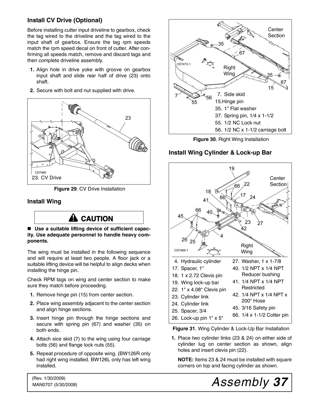 Woods Equipment BW126-3, BW180Q-3, BW126Q-3, BW180-3 manual Install CV Drive Optional, Install Wing Cylinder & Lock-up Bar 