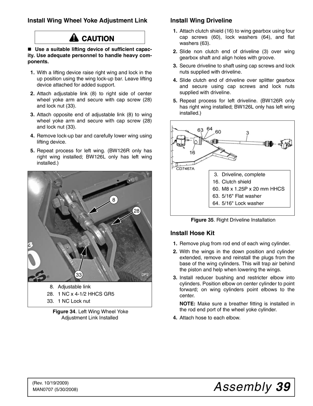 Woods Equipment BW180-3, BW180Q-3 manual Install Wing Wheel Yoke Adjustment Link, Install Wing Driveline, Install Hose Kit 