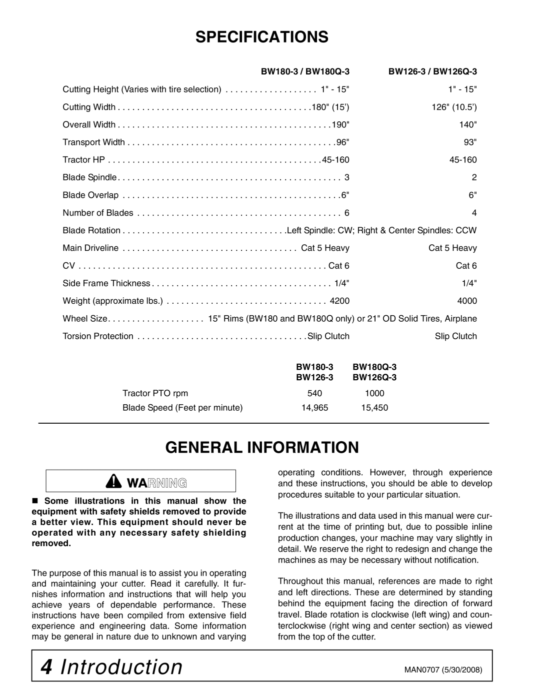 Woods Equipment manual Specifications, General Information, BW180-3 / BW180Q-3 BW126-3 / BW126Q-3 