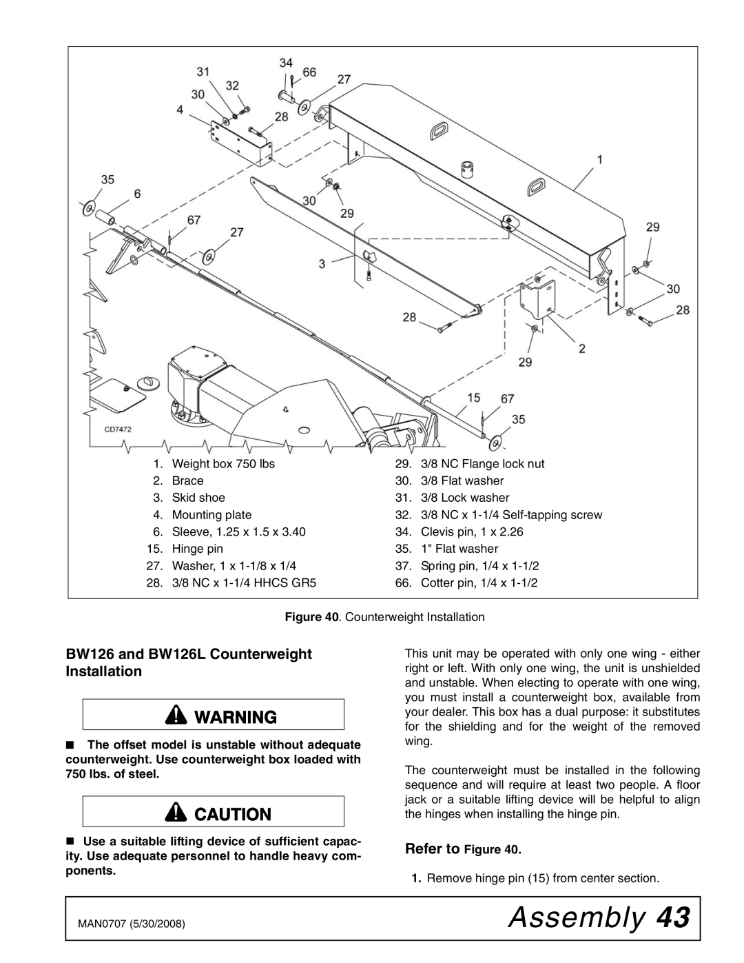 Woods Equipment BW180-3, BW180Q-3, BW126-3, BW126Q-3 manual BW126 and BW126L Counterweight Installation, Refer to Figure 