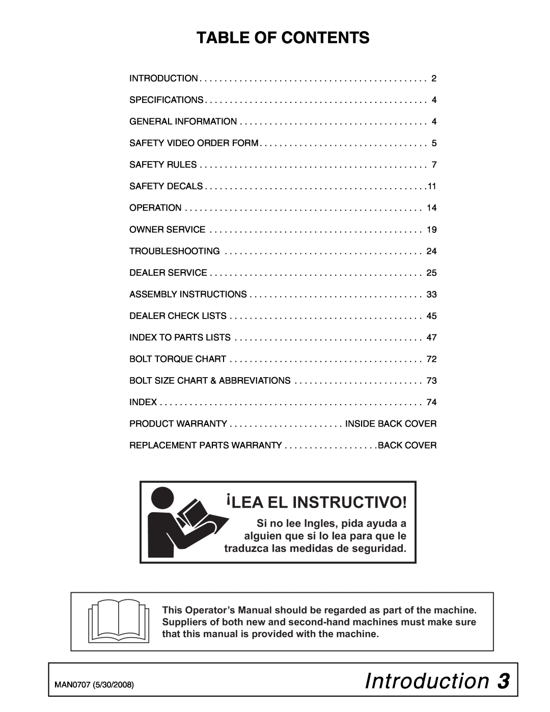 Woods Equipment BW180-3, BW180Q-3, BW126-3, BW126Q-3 manual Introduction, Table Of Contents, Lea El Instructivo 