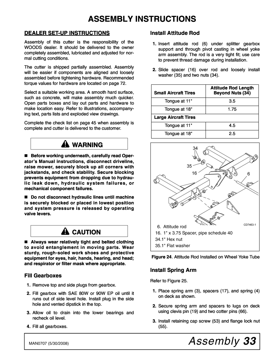 Woods Equipment BW126-3 manual Assembly Instructions, Dealer Set-Up Instructions, Fill Gearboxes, Install Attitude Rod 