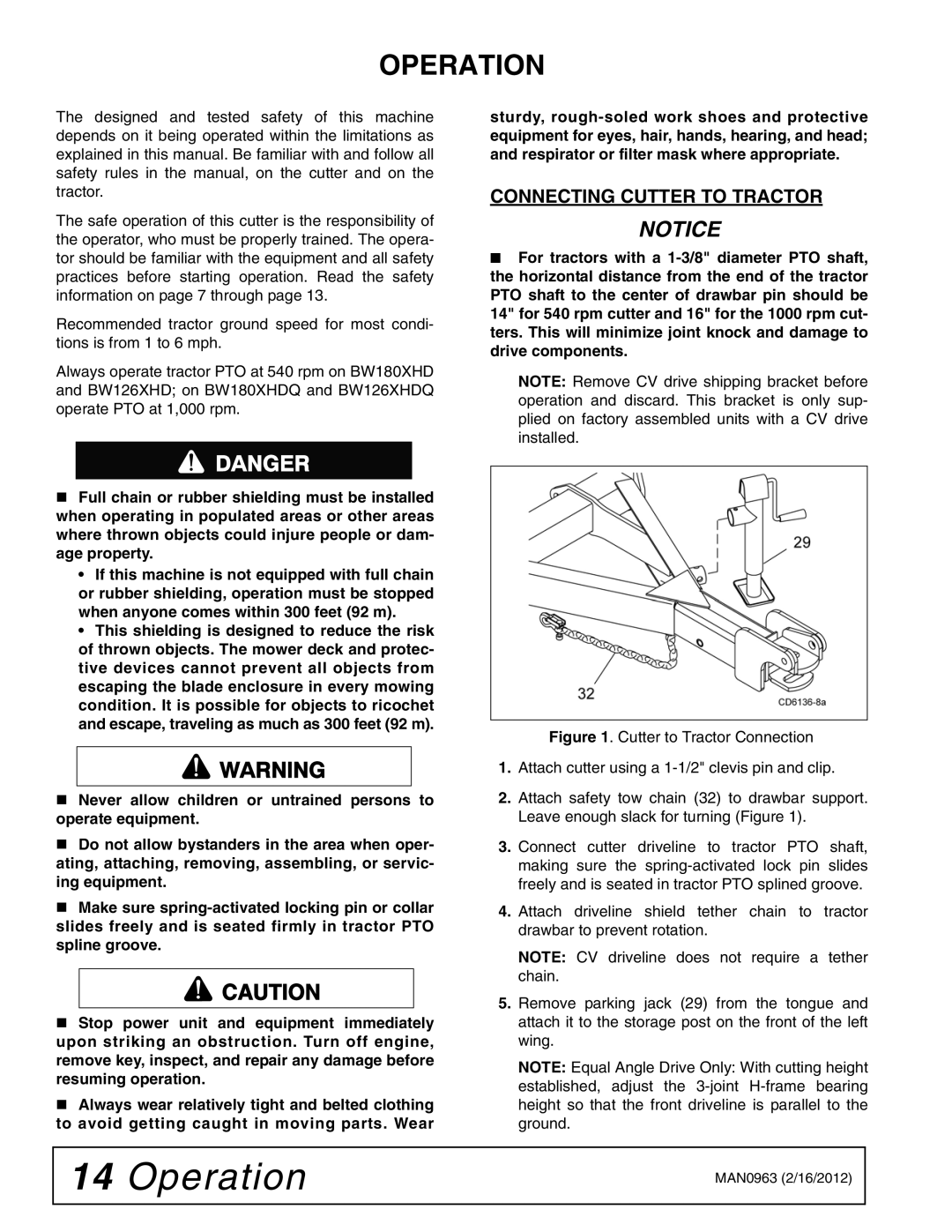 Woods Equipment BW126XHDQ, BW180XHDQ manual Operation, Connecting Cutter to Tractor 