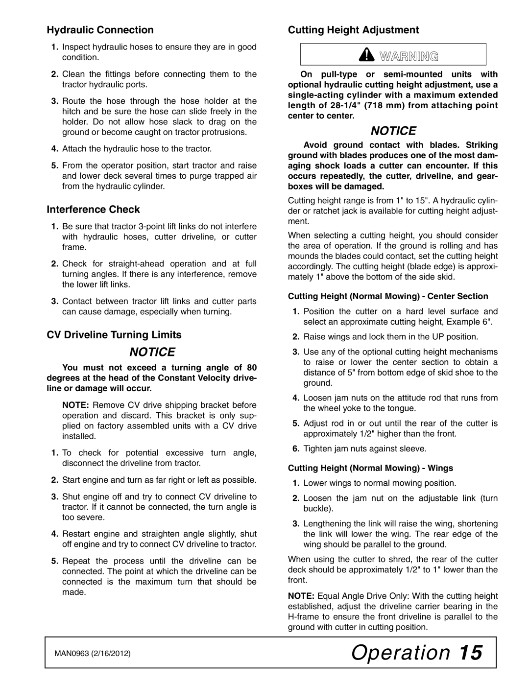 Woods Equipment BW126XHD Hydraulic Connection, Interference Check, CV Driveline Turning Limits, Cutting Height Adjustment 