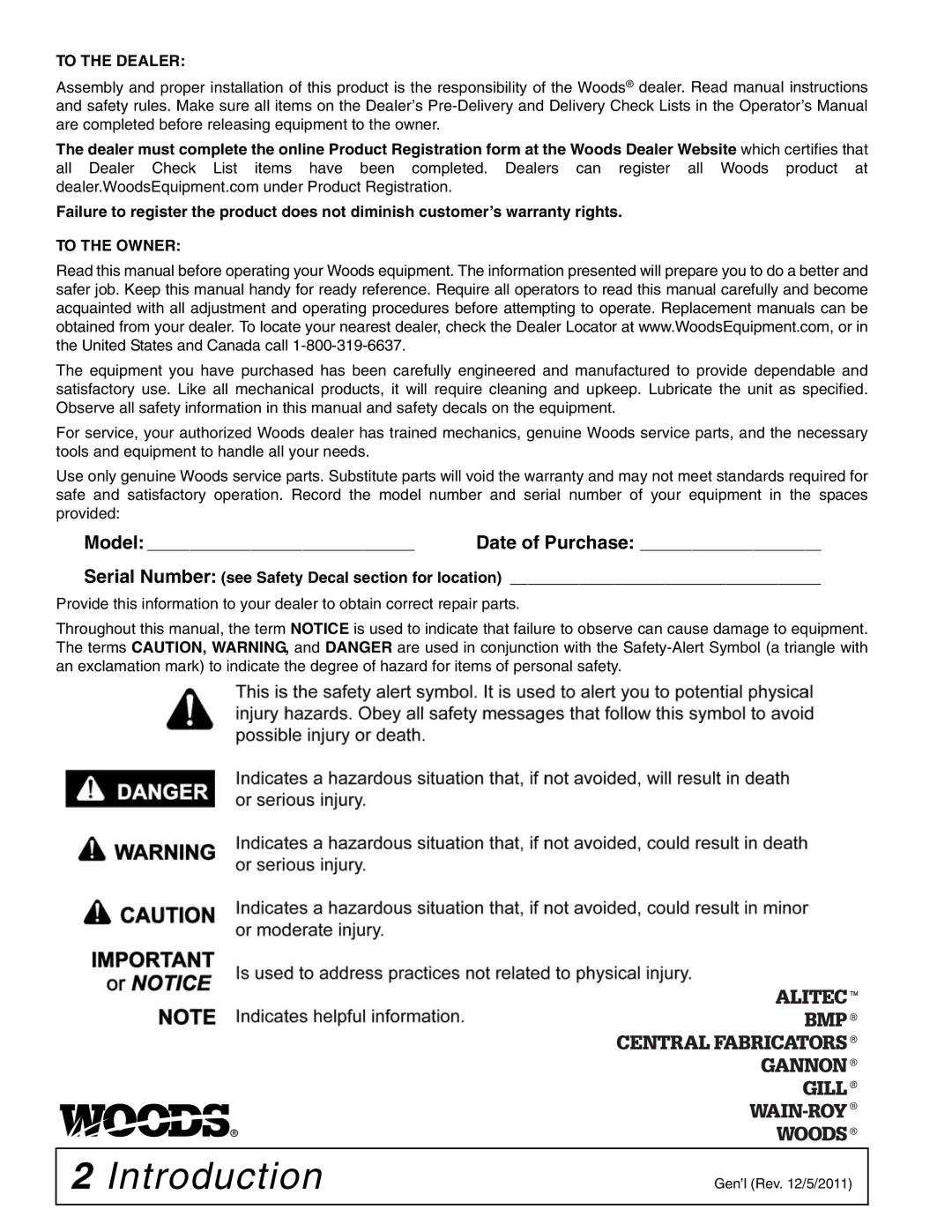 Woods Equipment BW126XHDQ, BW180XHDQ manual Introduction, To the Dealer 