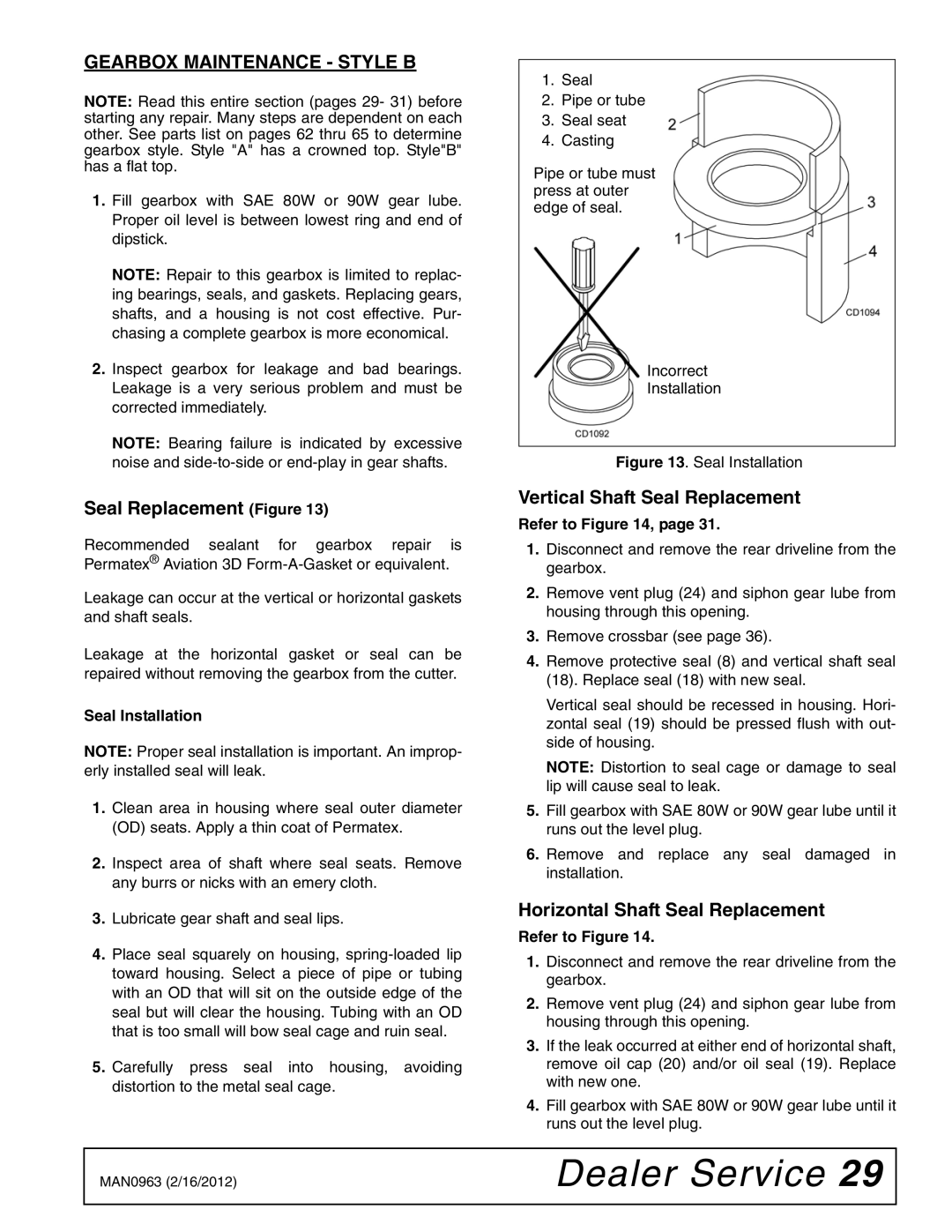 Woods Equipment BW180XHDQ, BW126XHDQ manual Gearbox Maintenance Style B, Seal Installation 