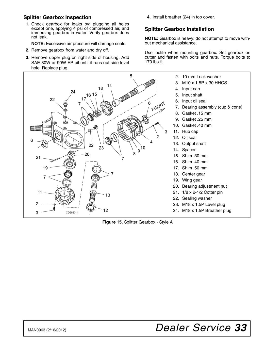 Woods Equipment BW180XHDQ, BW126XHDQ manual Splitter Gearbox Inspection, Splitter Gearbox Installation 