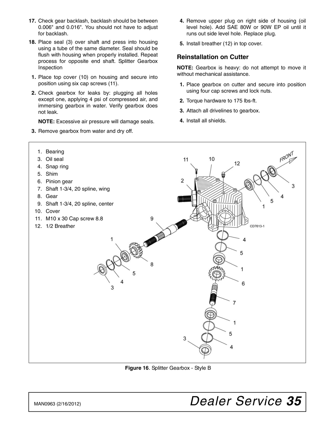 Woods Equipment BW180XHDQ, BW126XHDQ manual Reinstallation on Cutter, Splitter Gearbox Style B 