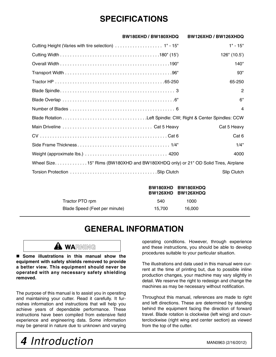 Woods Equipment BW180XHDQ, BW126XHDQ manual Specifications, General Information 