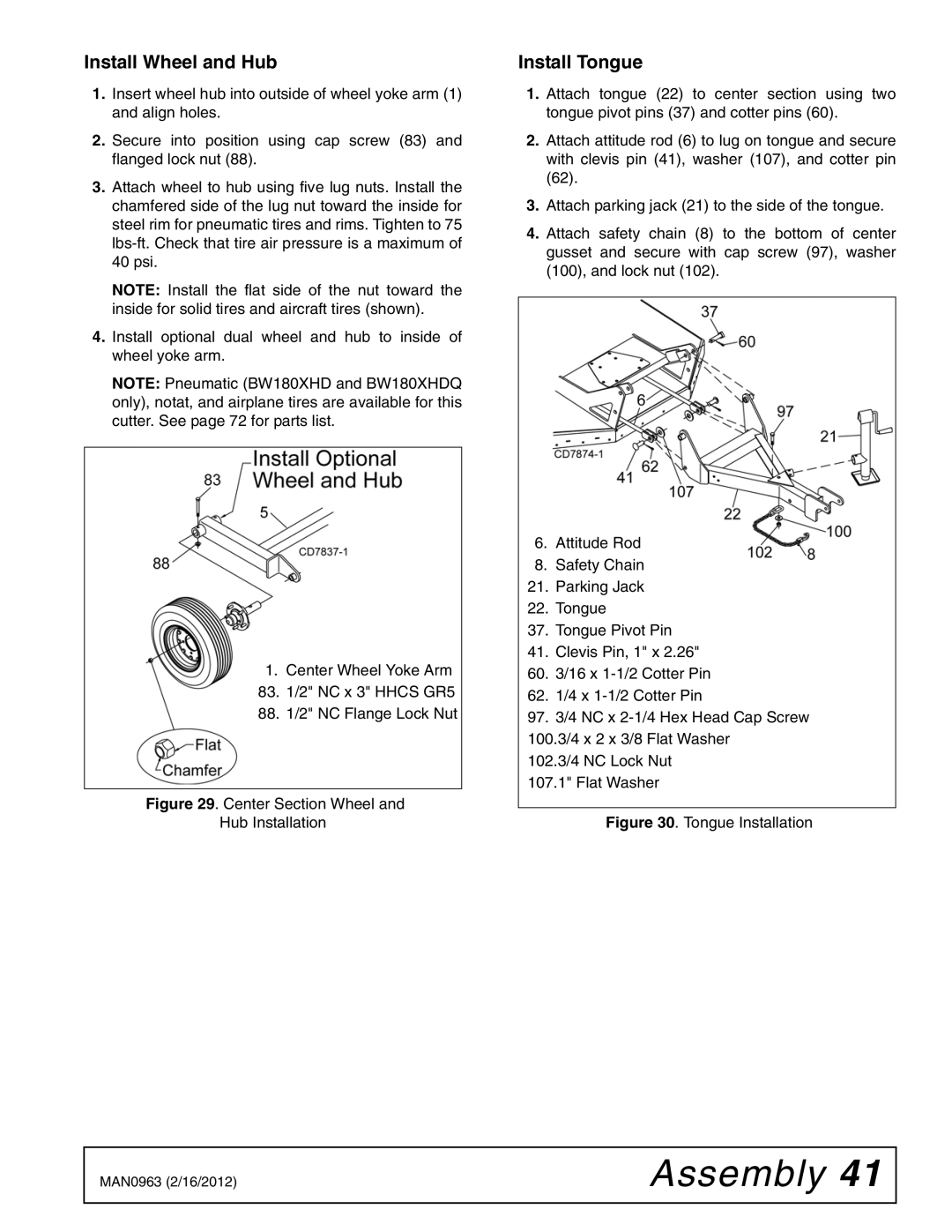 Woods Equipment BW180XHDQ, BW126XHDQ manual Install Wheel and Hub, Install Tongue 